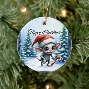 Whimsical Christmas Elf with Candy Cane. Ceramic Tree Decoration