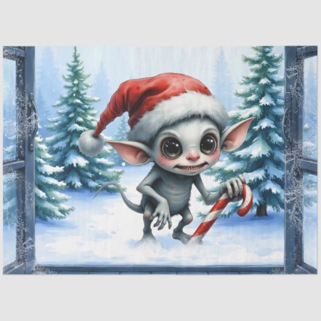 Whimsical Christmas Elf with Candy Cane. Tissue Paper (Front)