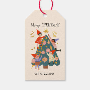 Whimsical Christmas Elves Decorating Tree Gift Tags