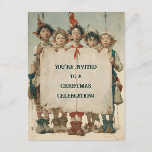 Whimsical Christmas Elves Peeking Over Sign Holiday Postcard