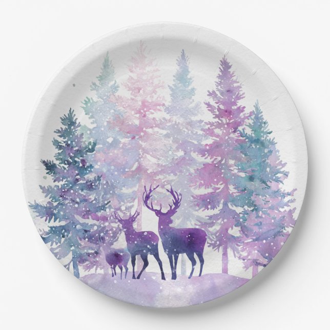 Whimsical Christmas Forest Deers Paper Plates (Front)