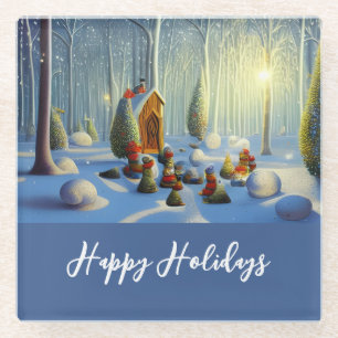 Whimsical Christmas Forest Scene Glass Coaster