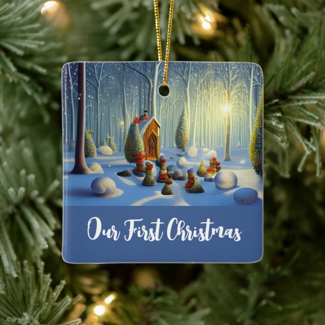 Whimsical Christmas Forest Scene Personalised Ceramic Ornament (Tree)