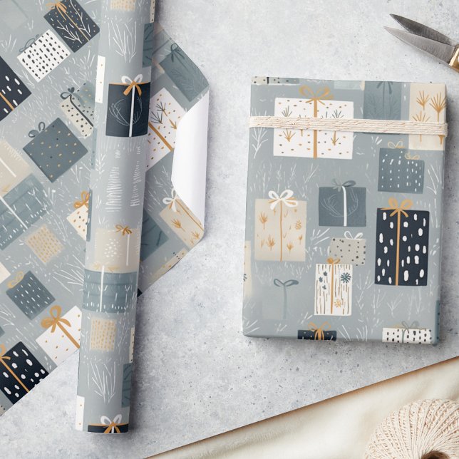 Whimsical Christmas Gifts in Grey Gold & Black  Wrapping Paper (Creator Uploaded)