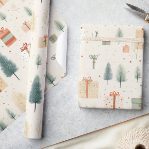 Whimsical Christmas Gifts & Pine Trees Watercolor Wrapping Paper
