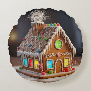 Whimsical Christmas Gingerbread House Festive Ho Round Cushion