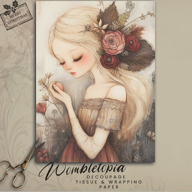 Whimsical Christmas Girl Festive Floral Decoupage Tissue Paper (Creator Uploaded)