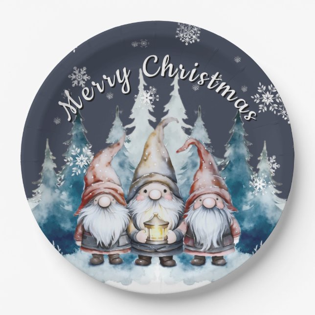 Whimsical Christmas Gnome Family Party | Blue Paper Plate (Front)