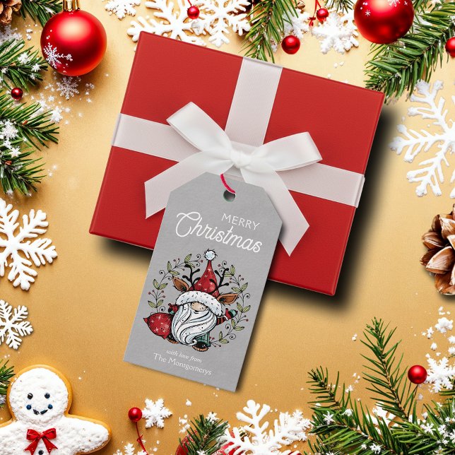 Whimsical Christmas Gnome Favour Gift Tags (Whimsical Christmas gnome elf on silver favor gift tags)