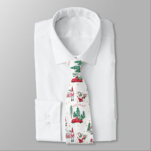 Whimsical Christmas Gnomes Elves Red Farm Truck Tie