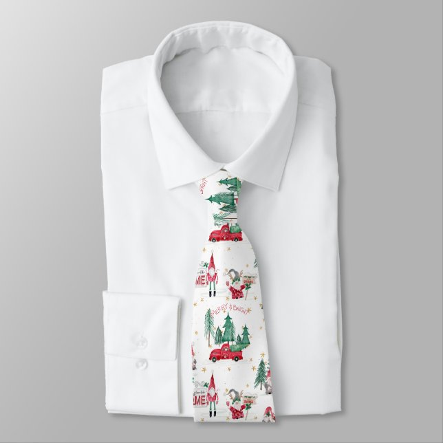 Whimsical Christmas Gnomes Elves Red Farm Truck Tie (Tied)