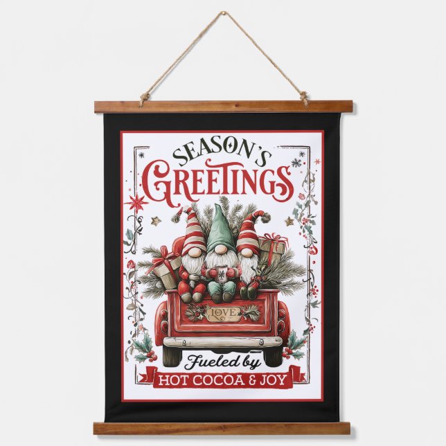 Whimsical Christmas Gnomes with Cocoa & Joy  Hanging Tapestry (Front)