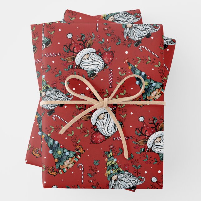 Whimsical Christmas Gnomes Wrapping Paper Sheet (In situ)