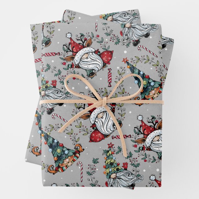 Whimsical Christmas Gnomes Wrapping Paper Sheet (In situ)