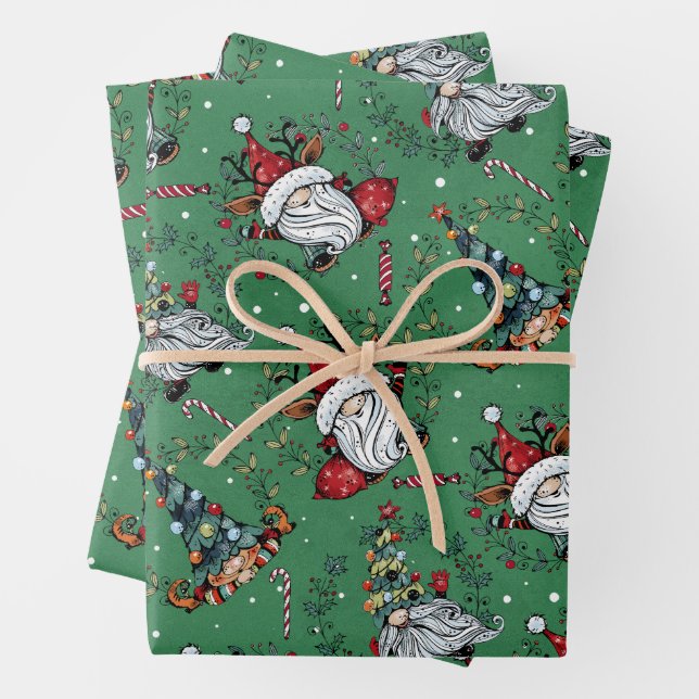 Whimsical Christmas Gnomes Wrapping Paper Sheet (In situ)