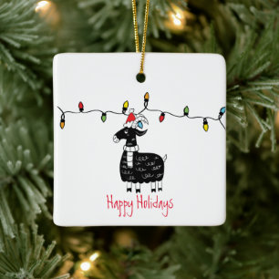 Whimsical Christmas Goat Christmas Ceramic Ornament