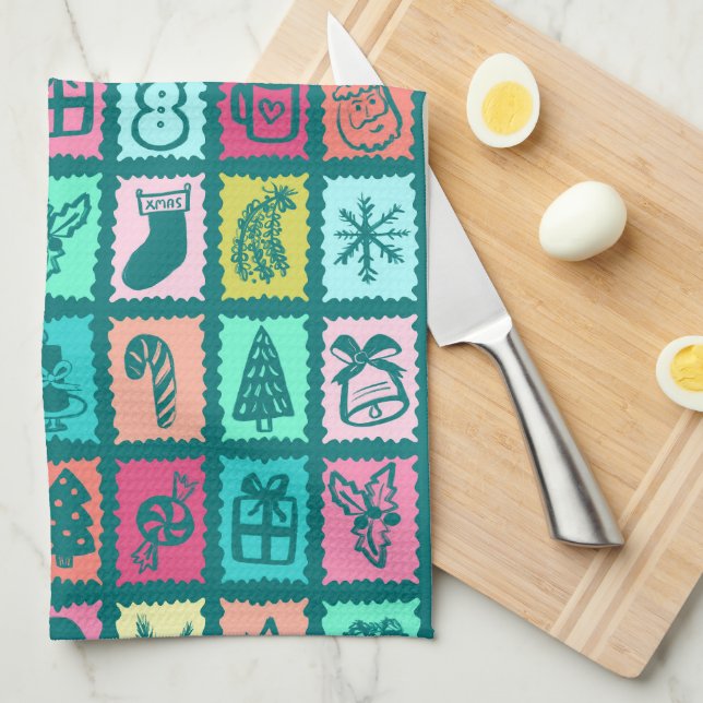 Whimsical Christmas Grid Cute Bright Holiday Tea Towel (Quarter Fold)