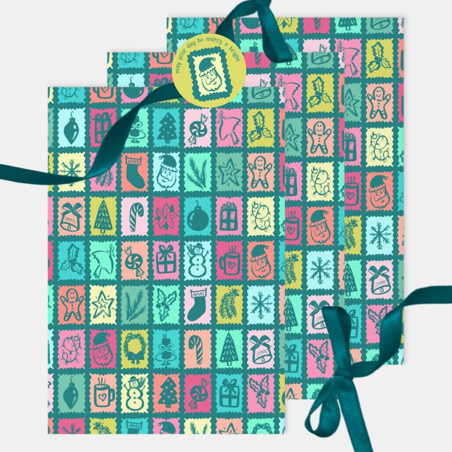 Whimsical Christmas Grid Cute Bright Holiday Wrapping Paper Sheet (Whimsical Christmas Grid Cute Bright Holiday Wrapping Paper Sheets
)