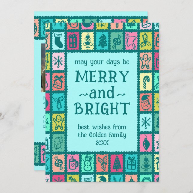 Whimsical Christmas Grid Cute Custom 2 PHOTO  Holiday Card (Front/Back)