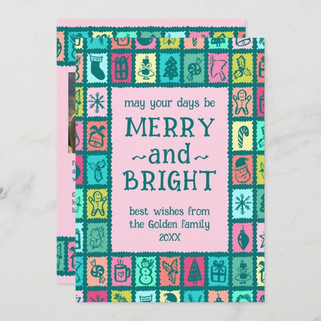 Whimsical Christmas Grid Cute Custom 2 PHOTO  Holiday Card (Front/Back)