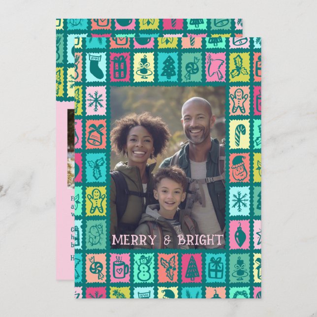 Whimsical Christmas Grid Cute Custom 3 PHOTO  Holiday Card (Front/Back)