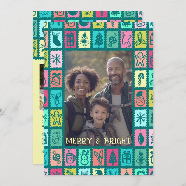 Whimsical Christmas Grid Cute Custom 3 PHOTO  Holiday Card (Front/Back)