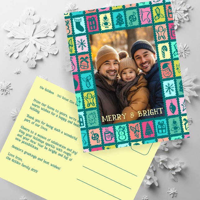 Whimsical Christmas Grid Cute Custom  Holiday Postcard (Whimsical Christmas Grid Cute Custom Photo Merry Bright Holiday Postcard
)