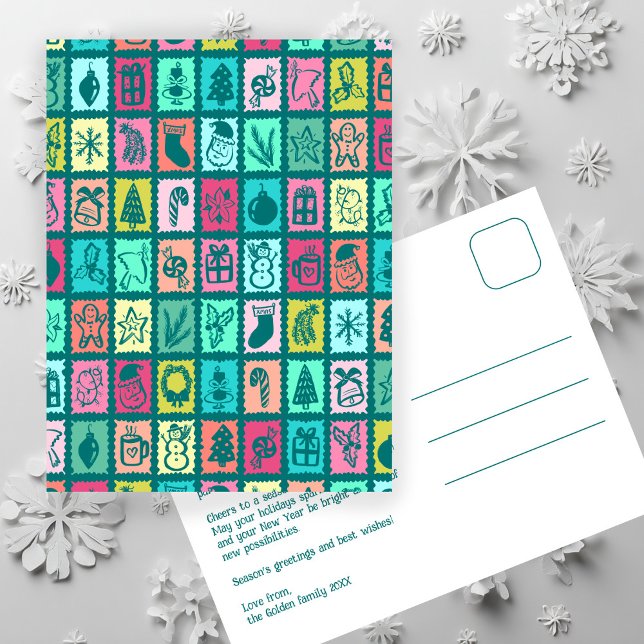 Whimsical Christmas Grid Cute Custom  Holiday Postcard (Whimsical Christmas Grid Cute Custom Colorful Non-Photo Holiday Postcard
)