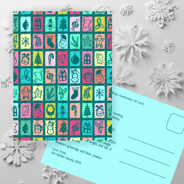 Whimsical Christmas Grid Cute Custom  Holiday Postcard (Whimsical Christmas Grid Cute Custom Colorful Non-Photo Holiday Postcard
)