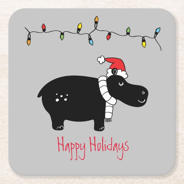 Whimsical Christmas Hippo Square Paper Coaster (Front)