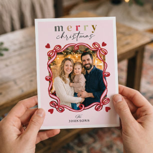 Whimsical Christmas Joy with Hearts Family Photo Holiday Card