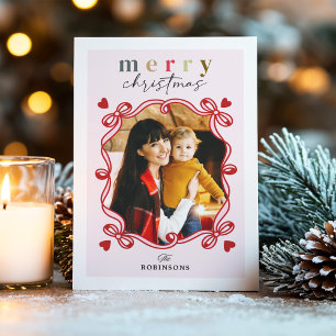Whimsical Christmas Joy with Hearts Family Photo Holiday Card