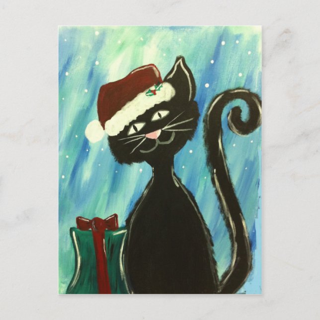 Whimsical Christmas Kitty Print Holiday Postcard (Front)