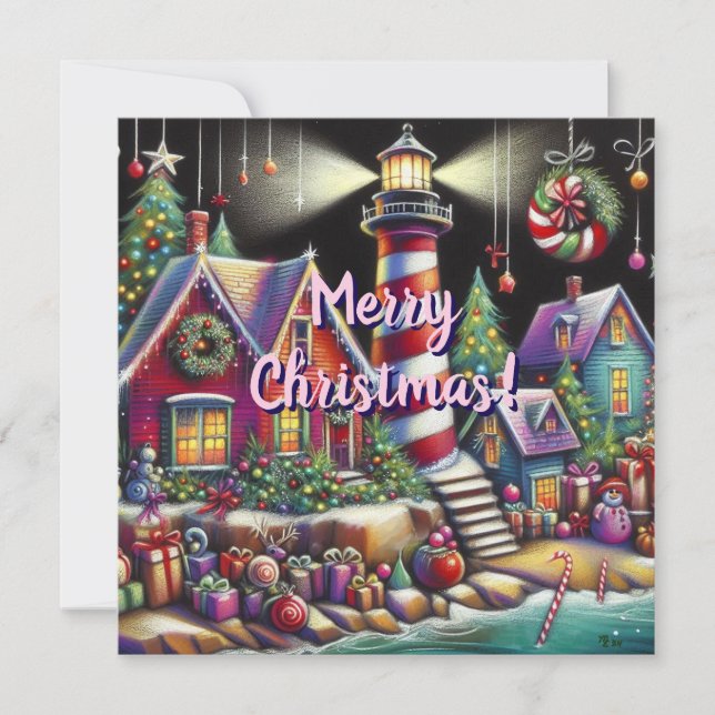 Whimsical Christmas Lighthouse Holiday Card (Front)