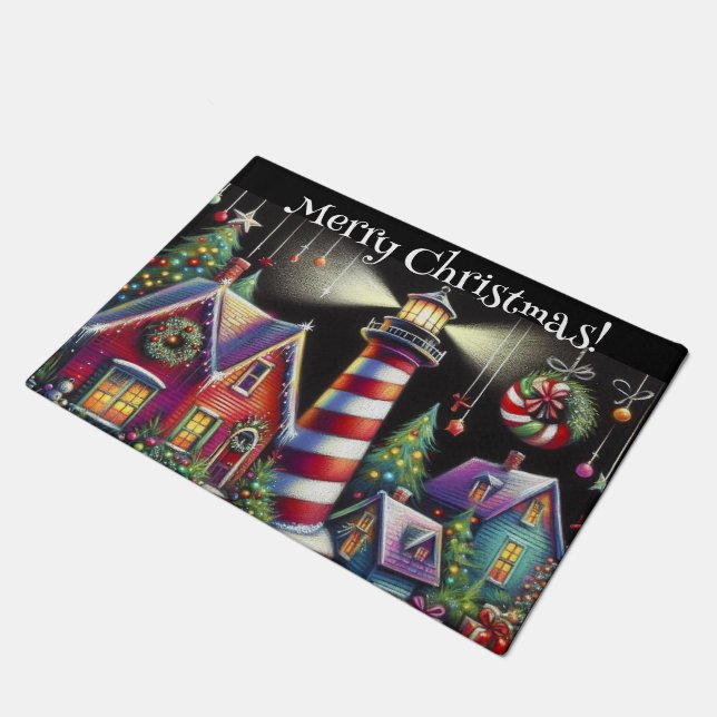 Whimsical Christmas Lighthouse Personalised Doormat (Angled)