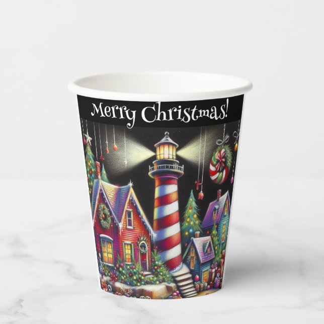 Whimsical Christmas Lighthouse Personalised Paper Cups (Front)