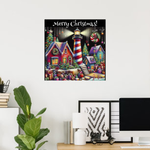 Whimsical Christmas Lighthouse Personalised Poster
