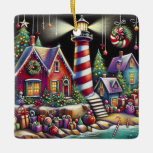 Whimsical Christmas Lighthouse Red Pink Purple Ceramic Ornament