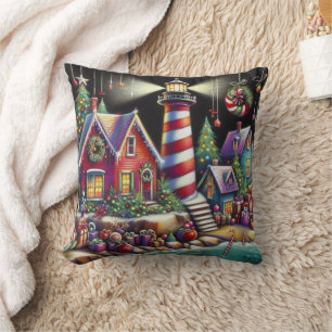 Whimsical Christmas Lighthouse Red Pink Purple Cushion