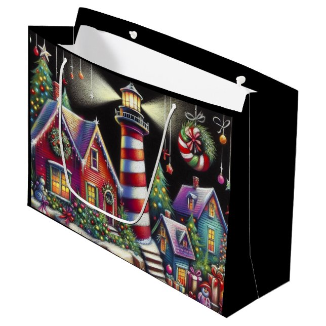 Whimsical Christmas Lighthouse Red Pink Purple  Large Gift Bag (Front Angled)
