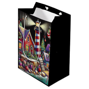 Whimsical Christmas Lighthouse Red Pink Purple Medium Gift Bag