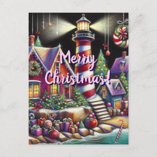 Whimsical Christmas Lighthouse Red Pink Purple Postcard