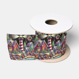 Whimsical Christmas Lighthouse Red Pink Purple Satin Ribbon