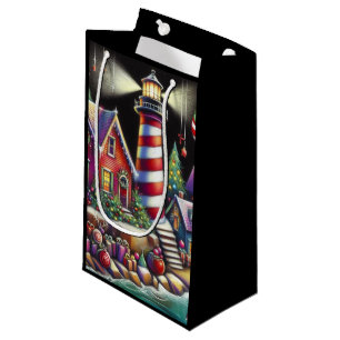 Whimsical Christmas Lighthouse Red Pink Purple Small Gift Bag