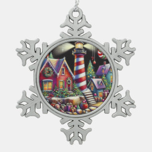 Whimsical Christmas Lighthouse Red Pink Purple Snowflake Pewter Christmas Ornament