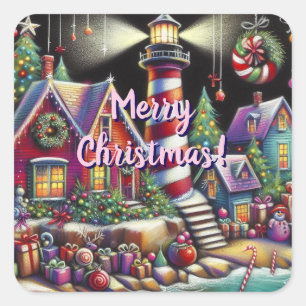 Whimsical Christmas Lighthouse Red Pink Purple Square Sticker