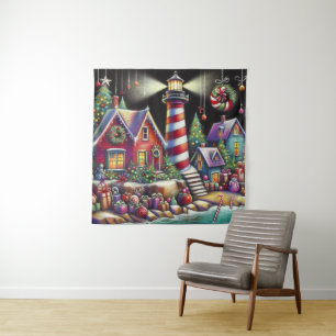 Whimsical Christmas Lighthouse Red Pink Purple  Tapestry