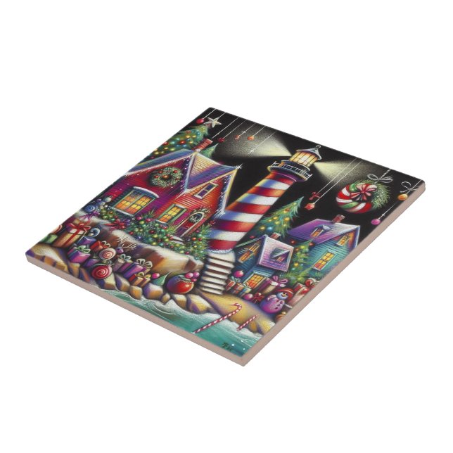 Whimsical Christmas Lighthouse Red Pink Purple  Tile (Side)