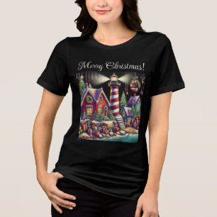 Whimsical Christmas Lighthouse Red Pink Purple Tri-Blend Shirt
