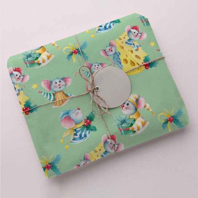Whimsical Christmas Mice Mint Green Wrapping Paper (Creator Uploaded)